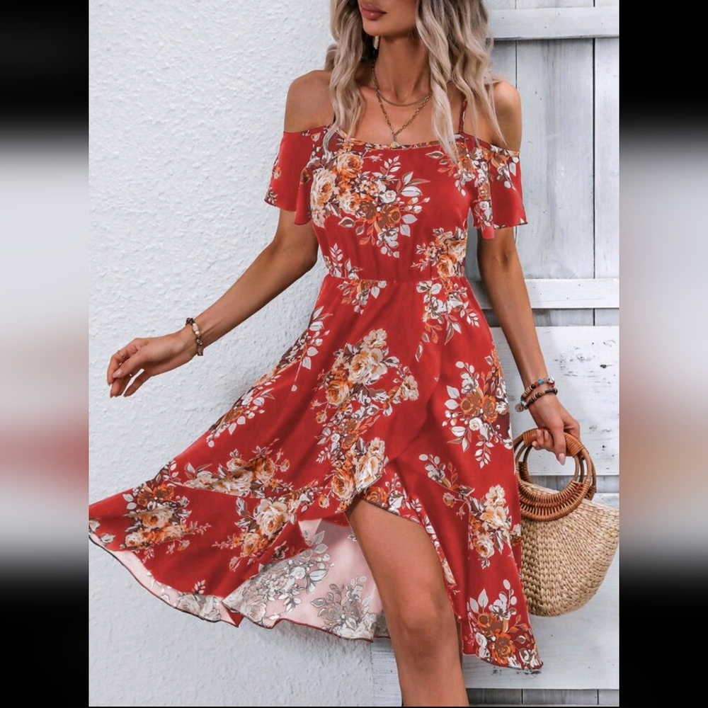 Women's boho floral Cold shoulder dress